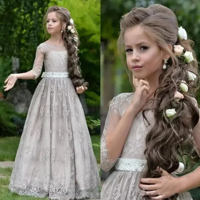 

A-Line Flower Girl Dress For Weddings Lace O Neck Half Sleeves Longo Girls Pageant Gown First Communion Gowns Child1-14T