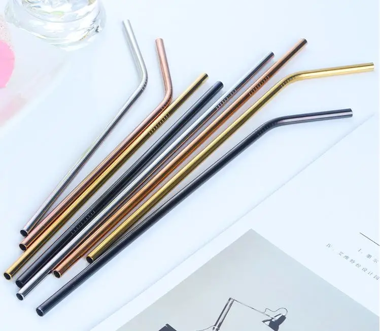 400Pc High Quality Colorful Straw 304 Stainless Steel Straws Reusable Bent Metal Drinking Straw with Cleaner Brush SN2437