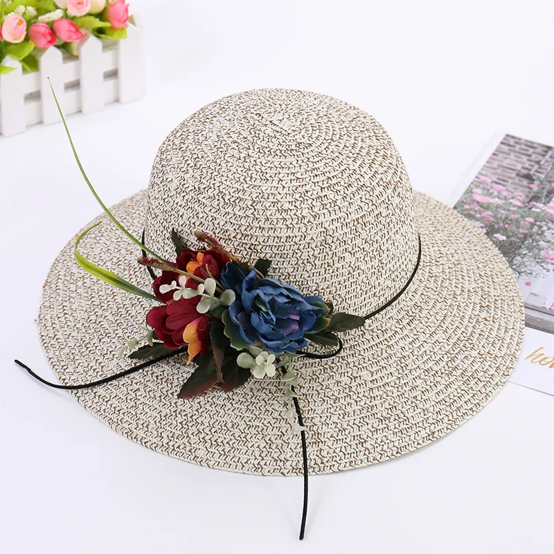 

New Summer Flowers Two-color Straw Hats Lady Fashion Caps Beach Outdoor Sunscreen Folding Sun Women Dress Hat Wholesale H008
