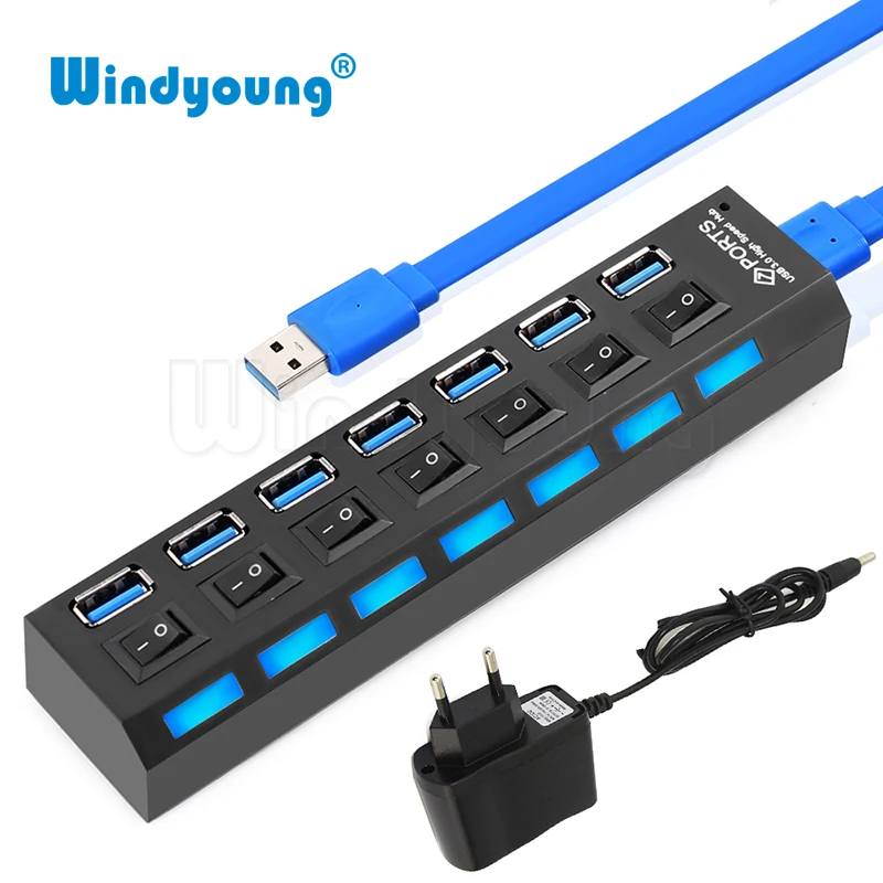 Windyoung ฮับ USB 3.0ความเร็วสูง7พอร์ต USB 3.0 Hub พร้อม EUPower Adapter Multi USB Splitter On/Off สำหรับแล็ปท็อป MacBook PC