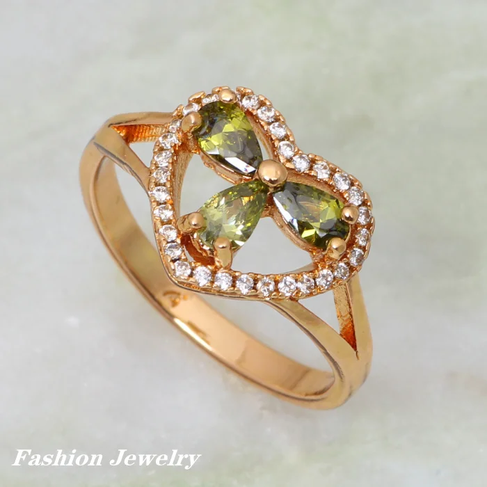 Stylish Heart rings for women Green cubic zirconia Yellow Gold Rings size 6 6.5 7.5 AR302 Fashion jewelry