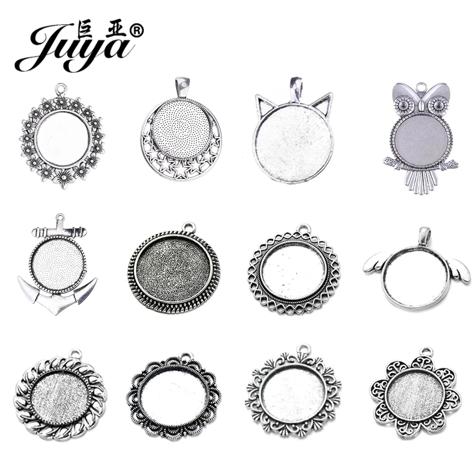 10pcs/lot 25mm Cabochon Pendant Base Settings Ancient Silver Bezels Charms For DIY Jewelry Making Necklace Keychain Accessories