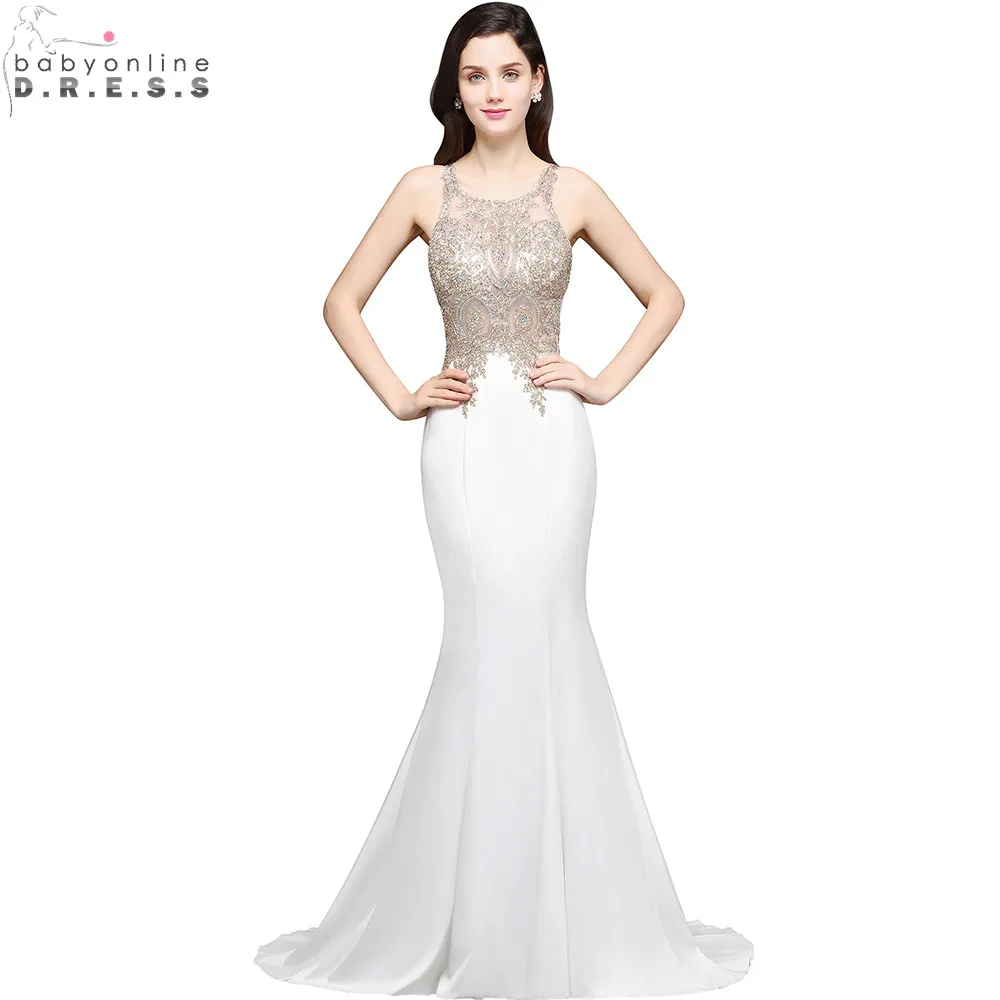 Robe de Soiree Longue Sexy Sheer Back Beaded Lace Mermaid Evening Dress  Long Cheap White Evening Gown Vestido de Festa