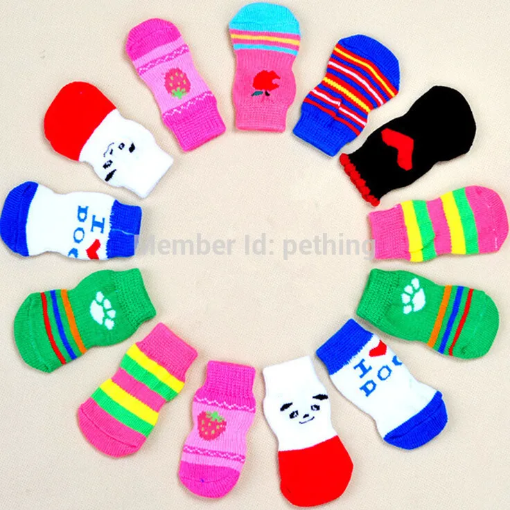 4pcs/set  Hot selling indoor socks for small dog cotton Anti-slip Knit Weave Warm Sock Dog Shoes S M L size suppy pet product