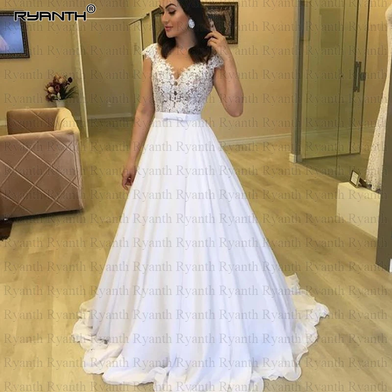 Barato Vestido de novia Sexy pura ilusión encaje una línea playa Chiffon Vestido de novia 2019 Robe de mariee caliente Boho vestidos de novia