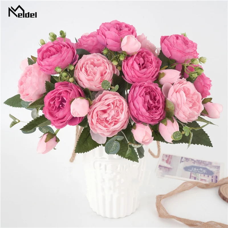 Meldel Silk Roses Peony Artificial Flowers Beautiful Flores Bouquet for Wedding Party Home Decoration Mariage White Fake Flowers