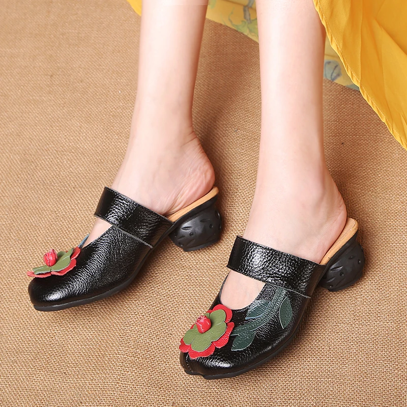 RUSHIMAN new spring national wind and baotou real leather color half slippers women retro cowhide coarse and female sandals