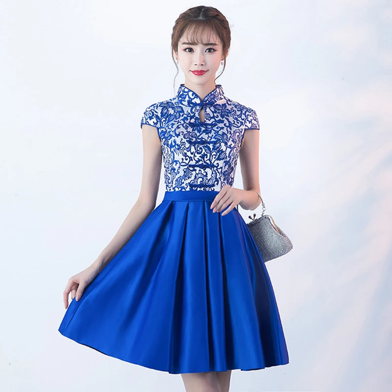 Fashion Blue And White Porcelain Chinese Dress Qipao Traditional Cheongsam Short Show Banquet Annual Meeting Evening Gown