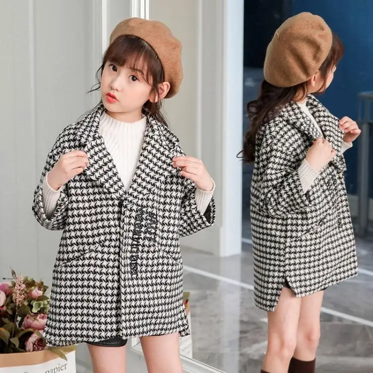 Hot Sale Girls Woolen Jacket Children's Fashion Houndstooth Overcoat Fall Winter Kids Plaid Outerwear Casual Coat Clothes X462