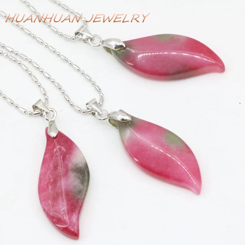 

Natural Stone Jades Long Leaves Shape Pendant Women 13x31mm Chalcedony Stainless Steel Chain Necklaces & Pendants Jewelry B3358