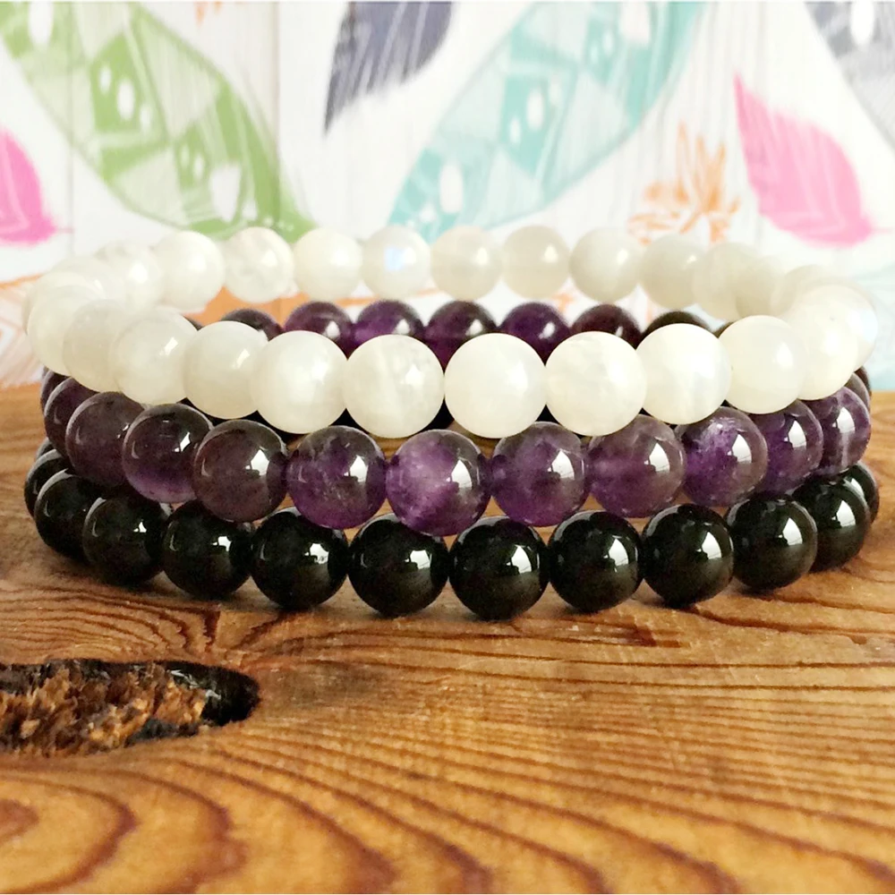 MG0319 Top Grand Moonstone Energy Bracelet Set Natural Black Tourmaline Amethyst Bracelet Balance Chakra Gemstone Bracelet