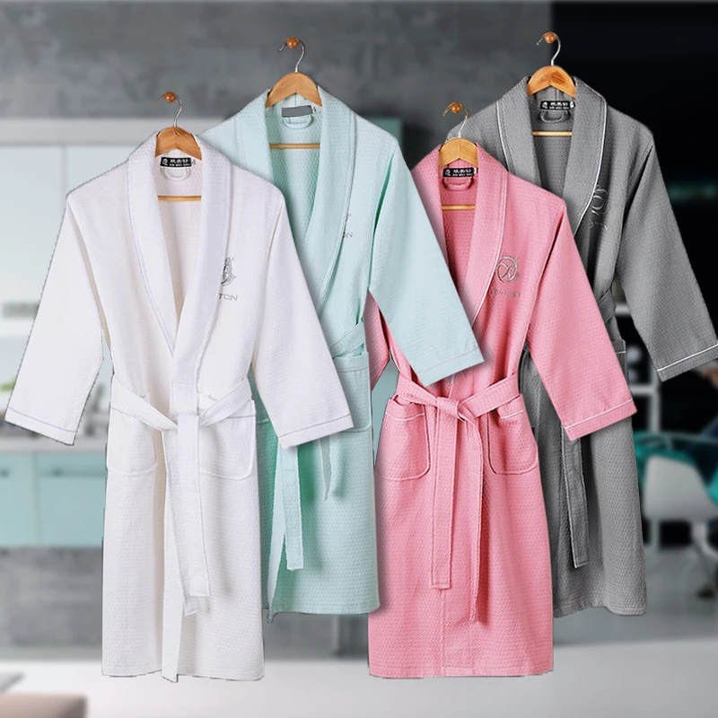 Sommer Waffel Baumwolle Bademantel Männer Lange-sleeve Herren Robe Schweiß Verdunsten Paare Kimono Bad Roben Hotel SPA Roben Dressing kleid