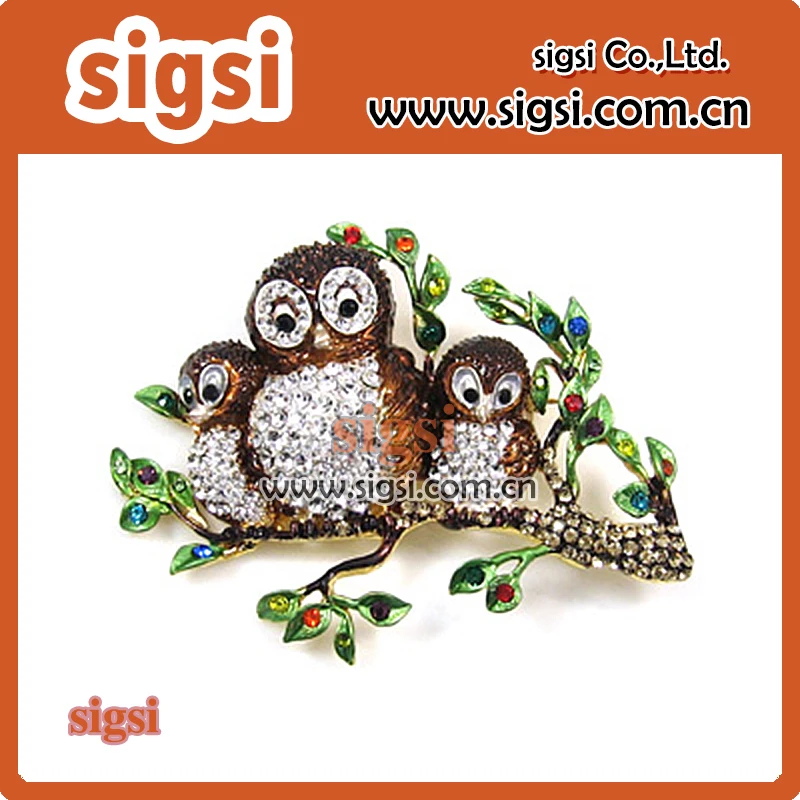 50/100pcs hot selling wholesale cute three owl on tree decoratiove rhinestone animal brooch pin for gift