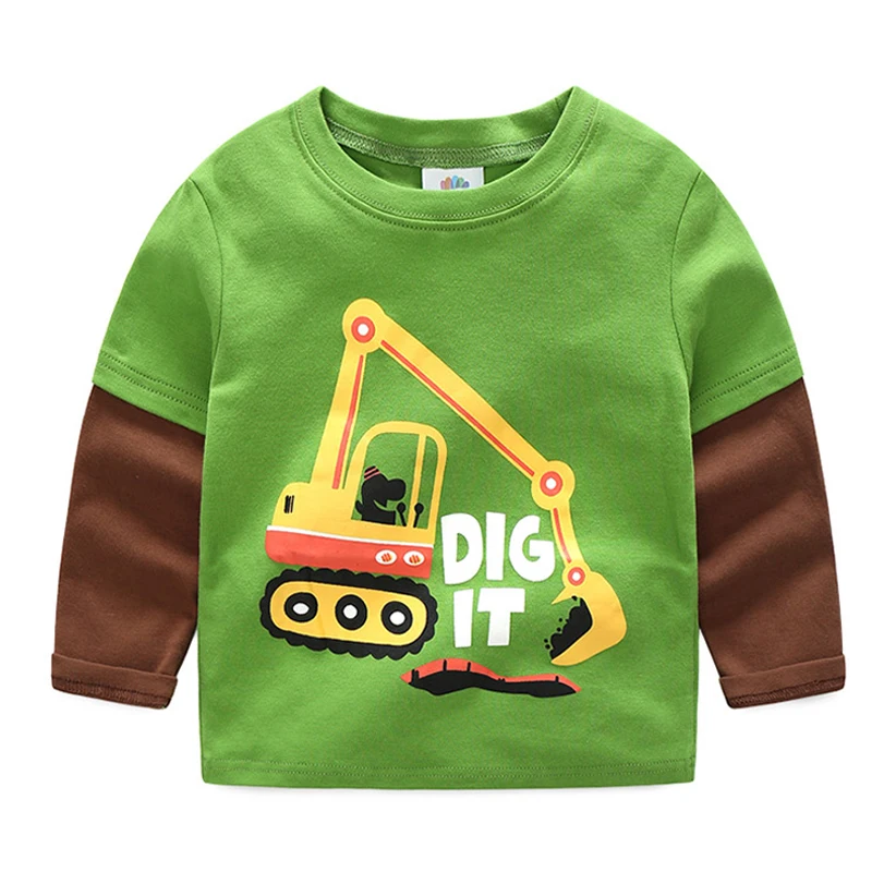 2024 Spring Autumn For 2-9 10 Years Children Cotton Striped Patchwork Cartoon Car Bus Truck Baby Kids Boys Long Sleeve T Shirts