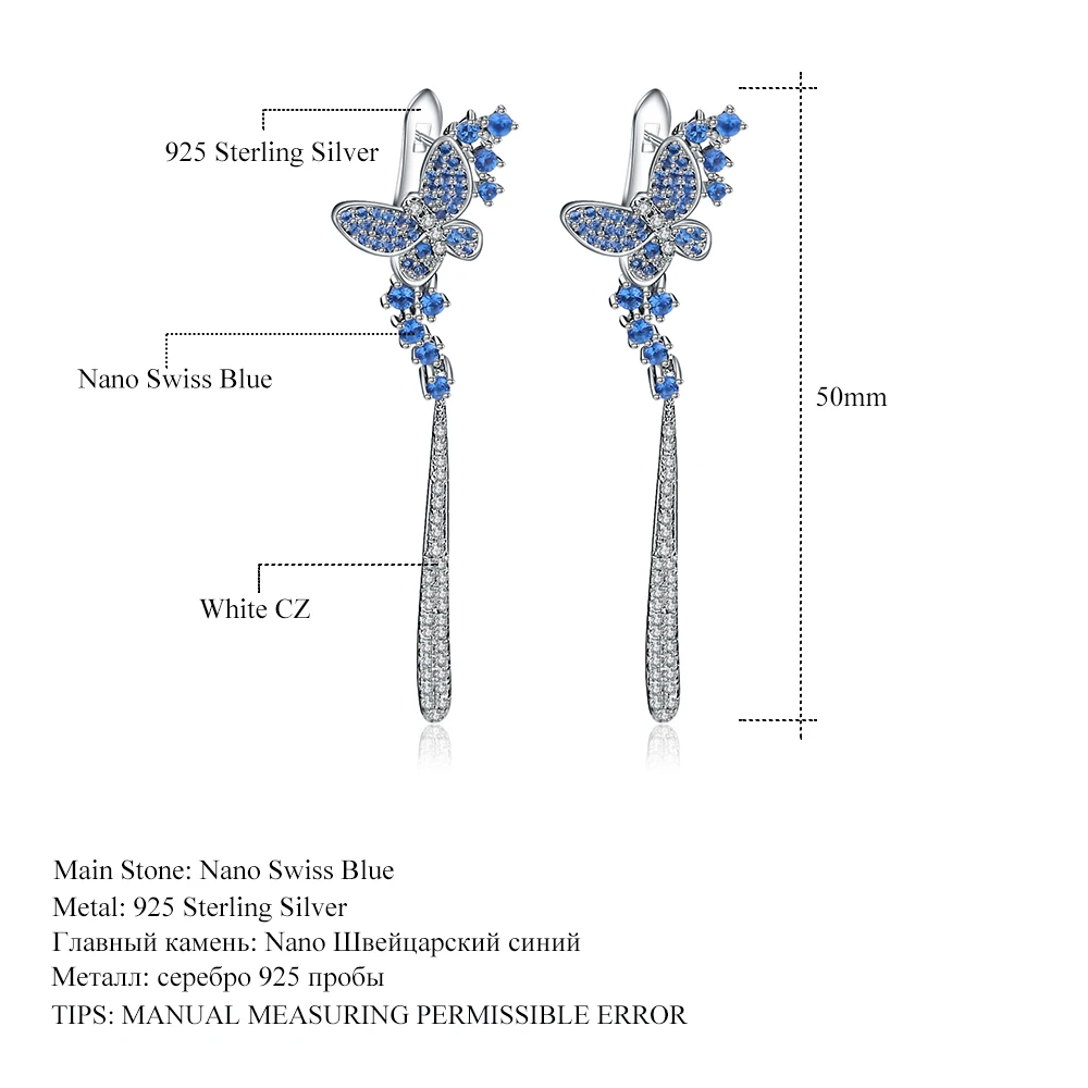 GEM\'S BALLET Nano Swiss Blue Long Drop Earrings 925 Sterling Sliver Vintage Punk Gothic Earrings For Women Fashion Party Jewelry