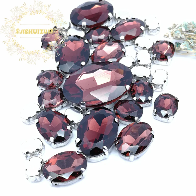 5 SIZES 30PCS  Wine red oval shape Glass Crystal sew on rhinestones with calw Diy wedding decoration