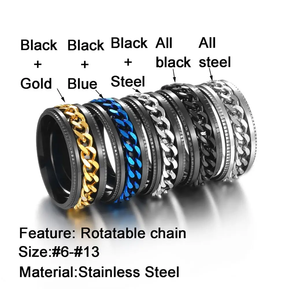 Atoztide Titanium Steel Men Spinner Chain Ring Stainless Steel Punk Rock Gold Color Chain Rotatable Rings For Women Jewelry Gift