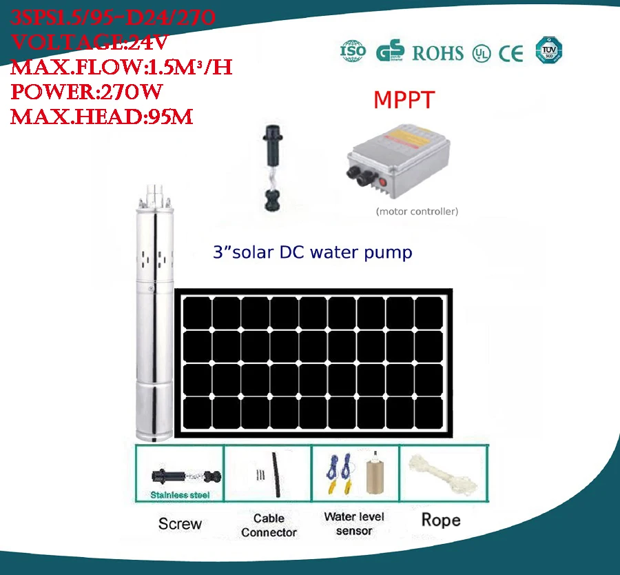 

Погружной насос из нержавеющей стали 270 с бесщеточным Мотором 3SPS1.5/95-D24/304, 24 В постоянного тока, 270 Вт, 3 дюйма