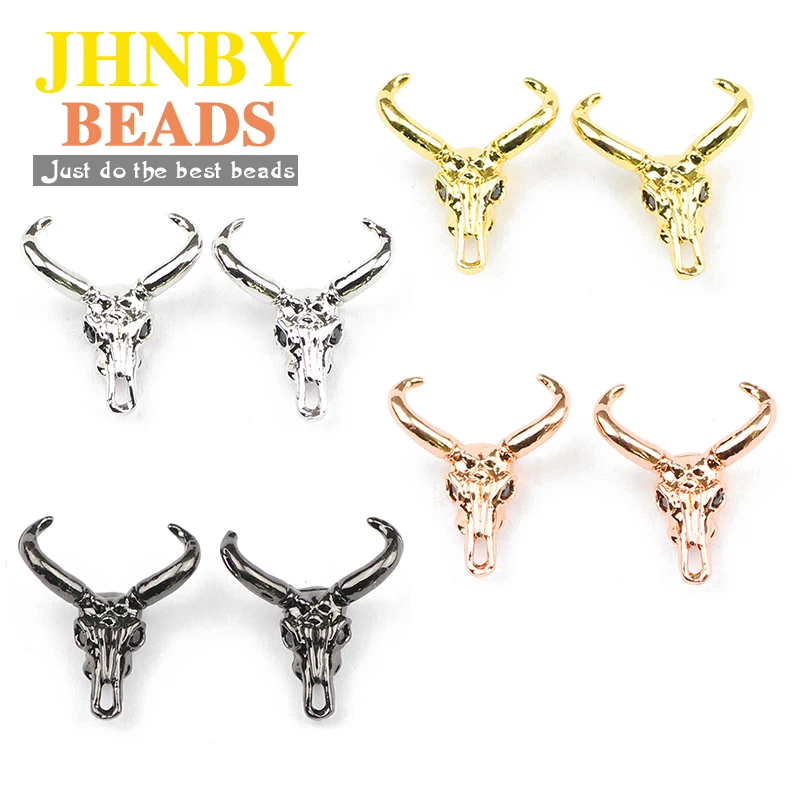 4pcs Cow\'s Skull Copper Spacer Micro Pave Black Zircon Charms Loose Beads For Jewelry Bracelets Making DIY Accessories Findings