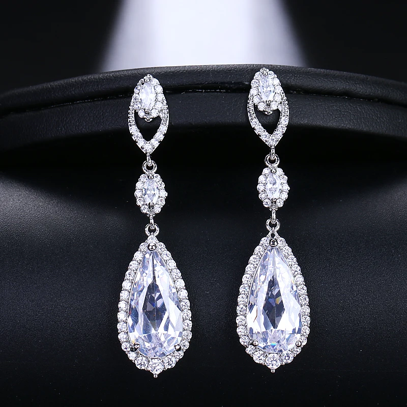 EMMAYA Luxury Bridal Four Colors Vintage Allure Crystal Waterdrop Long Drop CZ Earrings For Women Wedding Jewelry Gift