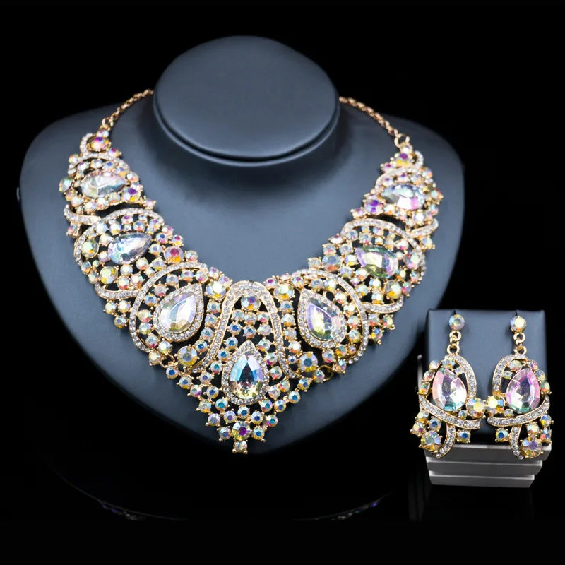 Free Shipping,Fashion Trendy nigerian wedding African Beads Jewelry Sets Crystal Necklace Set Party Wedding Dubai Jewelry Set