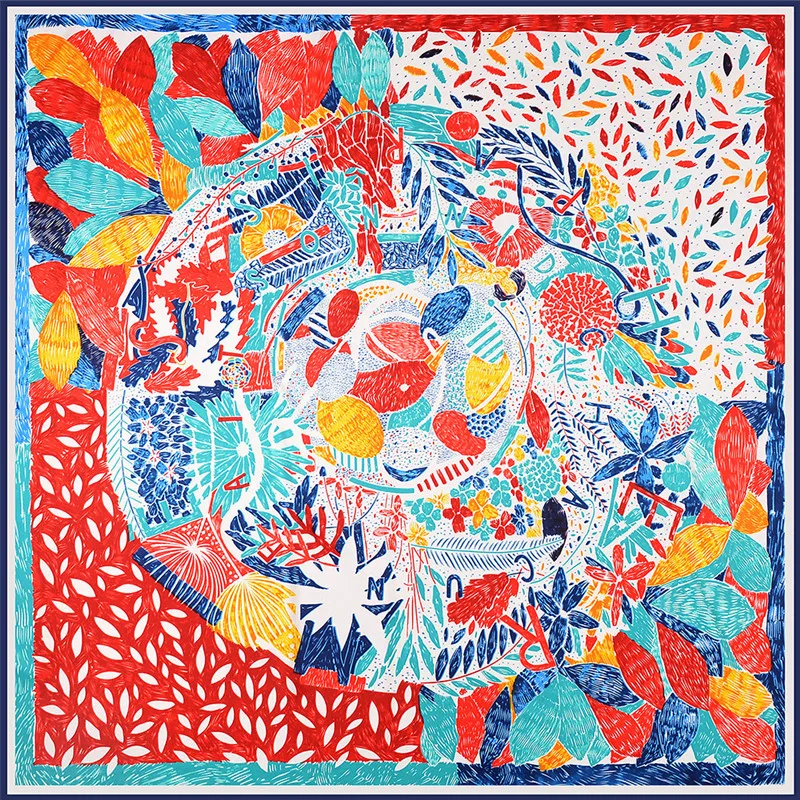 POBING Silk Scarf Women Large Shawls Nepal Leaves Print Stoles Square Bandana Luxury Kerchief Scarf Female Foulards 130CM