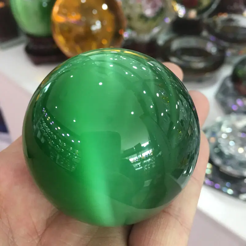 Rare Natural Quartz green Cat Eye Crystal Healing Ball Sphere 60mm + Stand 5AAA