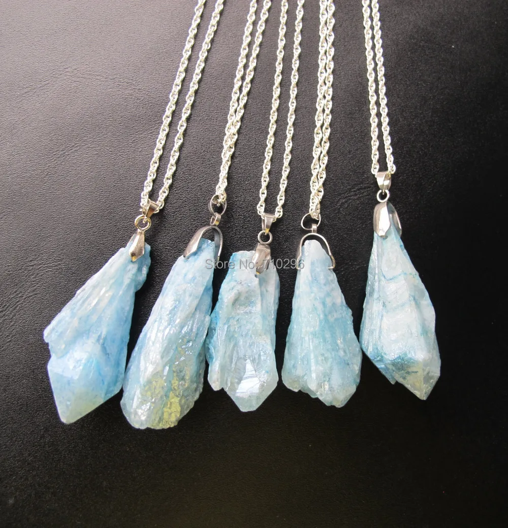 Worth Buying Natural Ocean Blue Quartz Point Necklace With Silvers chain 18