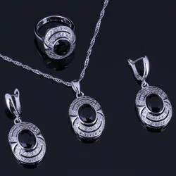 Rare Oval Egg Black Cubic Zirconia White CZ Silver Plated Jewelry Sets Earrings Pendant Nacklace Chain Ring V0272
