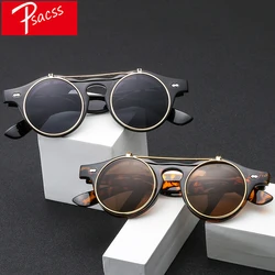 Psacss Ronde Steampunk Zonnebril Vrouwen Mannen Flip Lens Vintage Merk Designer Vrouwen Retro Zonnebril UV400 Gafas De Sol mujer