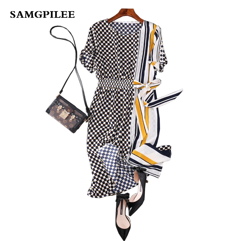 

Ukraine 2020 New Samgpilee A-line Plaid Short Sleeve Sashes Knee-length Fashion Natural O-neck Spring Women Dress L-3xl