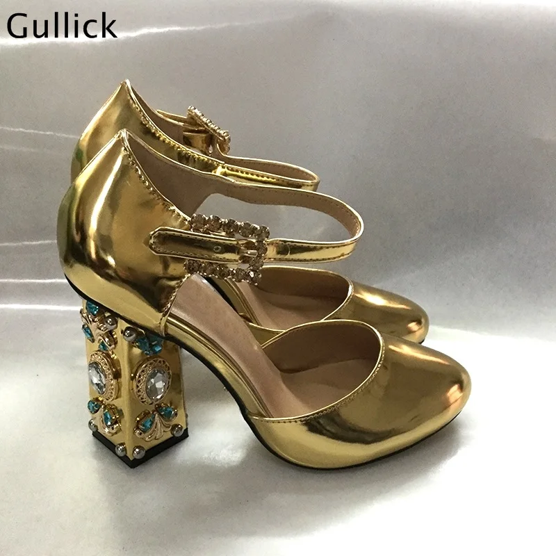 Gullick 2018 New Fashion Luxury Crystal Decor High Chunky Heels Women Golden Sliver Pumps Party Wedding Dress Shoes Sweet Style