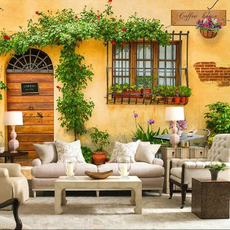 

3D Wallpaper Mural Decor Photo Backdrop Yellow Wall Door Green Leaf Living Room Wallpaper 3D Painting 3D Wallpaper