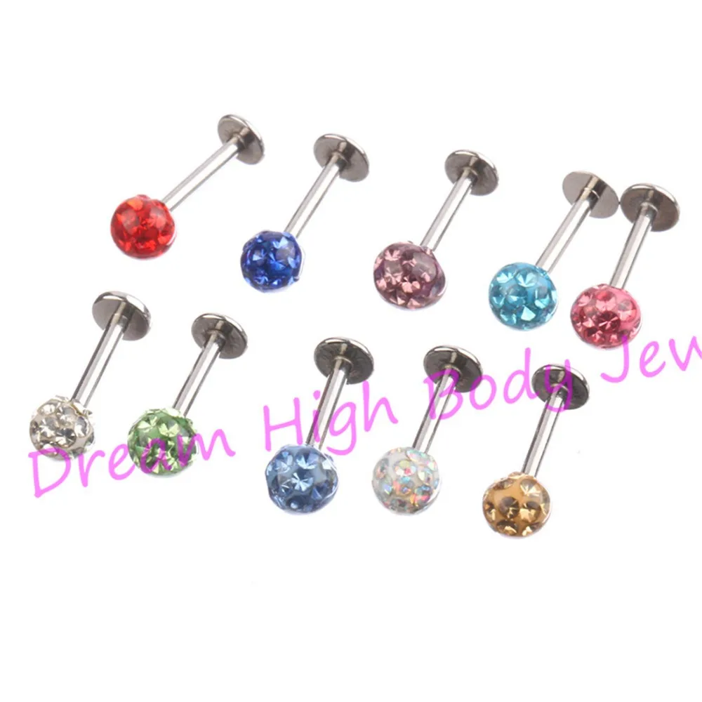 Crystal Gem Labret TragusLip Ring Stud Bar Body Piercing 4mm ball  Resin16Gauge 6mm 8mm 10mm 100pcs /lot Wholesale