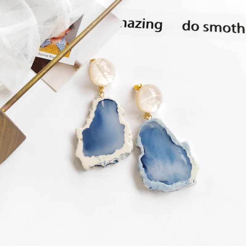 Acrylic Geometric Irregular Blue Mountain Stone Long Clip Earrings No Pierced Ears Resin Earrings For Women Girl Brincos