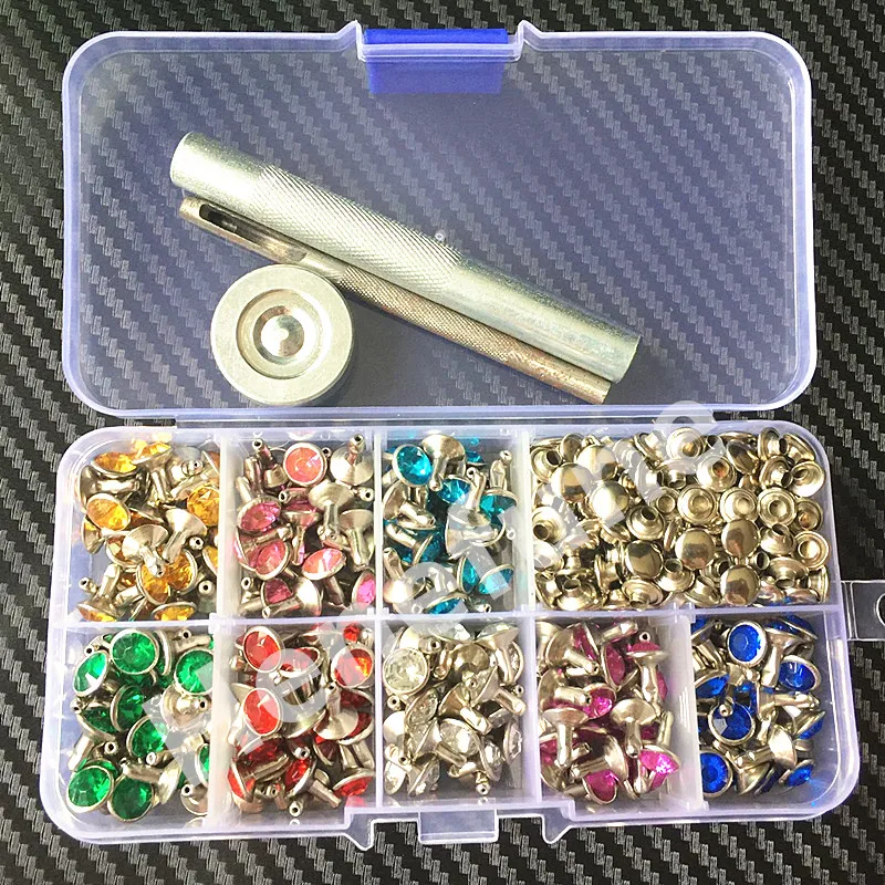 240pcs 8colors Punk Diamond Spikes Rivets/Rhinestone Studs Decor Rivets for Leather/Belt/Handbag Double-sided Rivet DIY +Tools