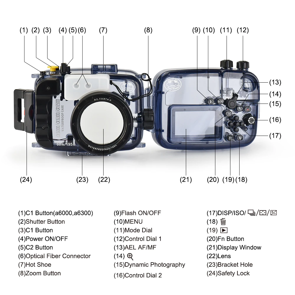 Seafrogs 195FT/60M Waterproof Underwater Diving Camera housing for Sony A6500 A6300 A6000 with Dual Fiber-Optic Port and O Ring