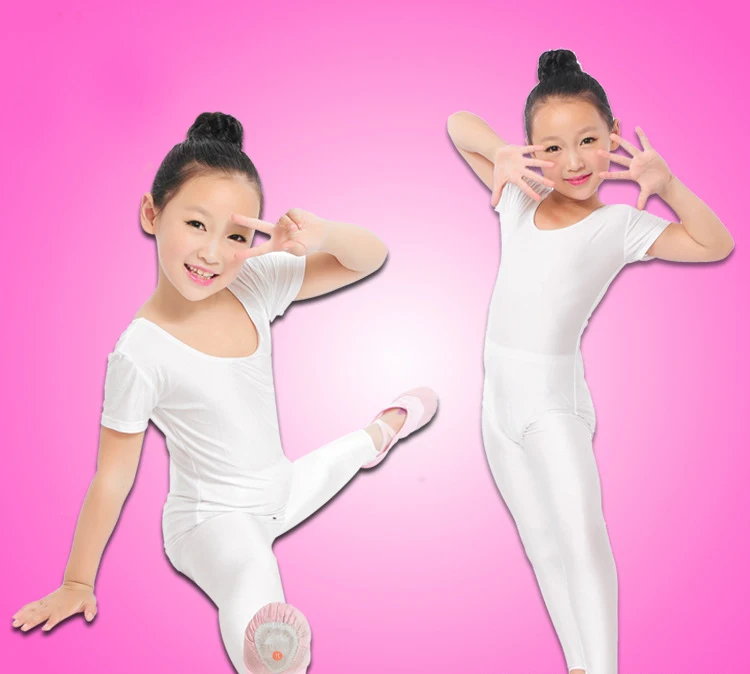 Girls Ballet Bodysuit Children Blue White Dance Leotard Short Sleeved Gymnastics Wear