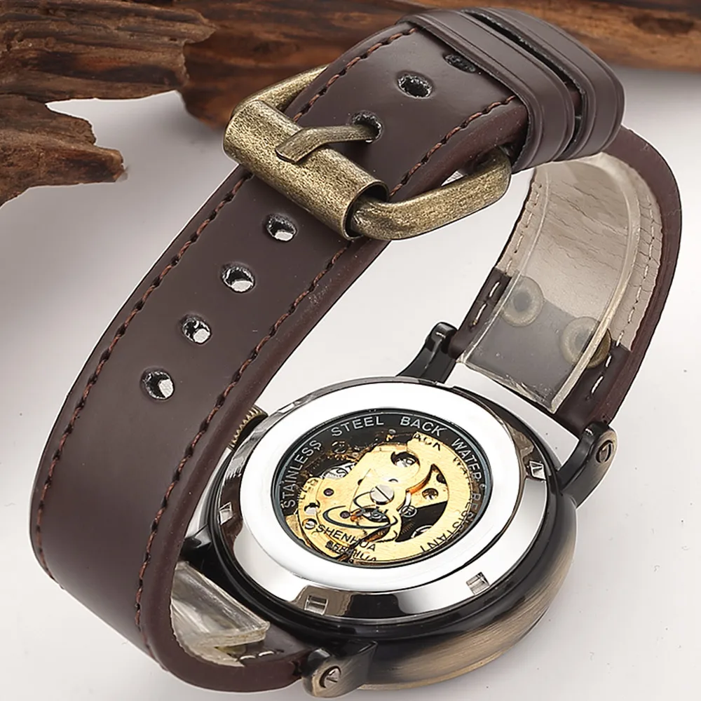 Antique Automatic Skeleton Men Watch Steampunk Vintage Bronze Stainless Steel Mechanical Wristwatch Man Luxury Relogio Masculino