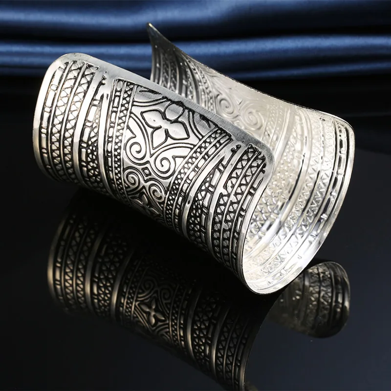 Dayoff Boho Ethnic Vintage Tibetan Gold Silver Plated Bracelet Huge Open Cuff Bangle Flower Carving  India Women Jewelry B11