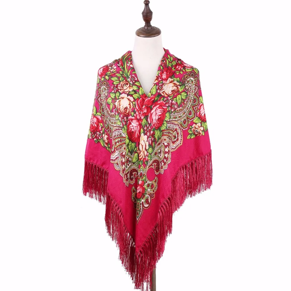 Fashion folk art 140*140 National Wind Twill Cotton and silk Tassel Russian Style high qualiy Print Scarf Shawl Floral Headscarf