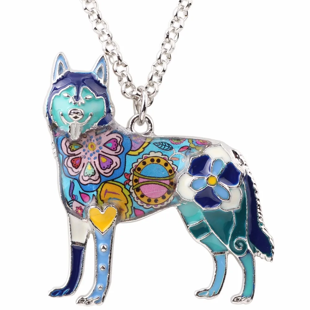 Bonsny Enamel Alloy Siberian Husky Dog Necklace Pendant Chain Collar Fashion Animal Jewelry For Women Girls Pet Lovers Gifts New