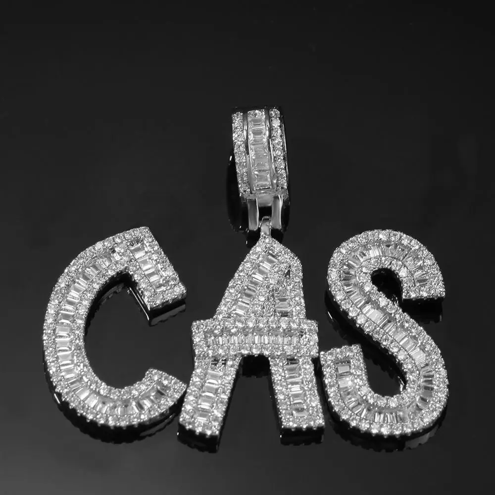 

Hip Hop Iced Out A-Z Baguette Initials Name Pendant Chain Gift 18K Gold & White Gold Plated Necklace for Men Women