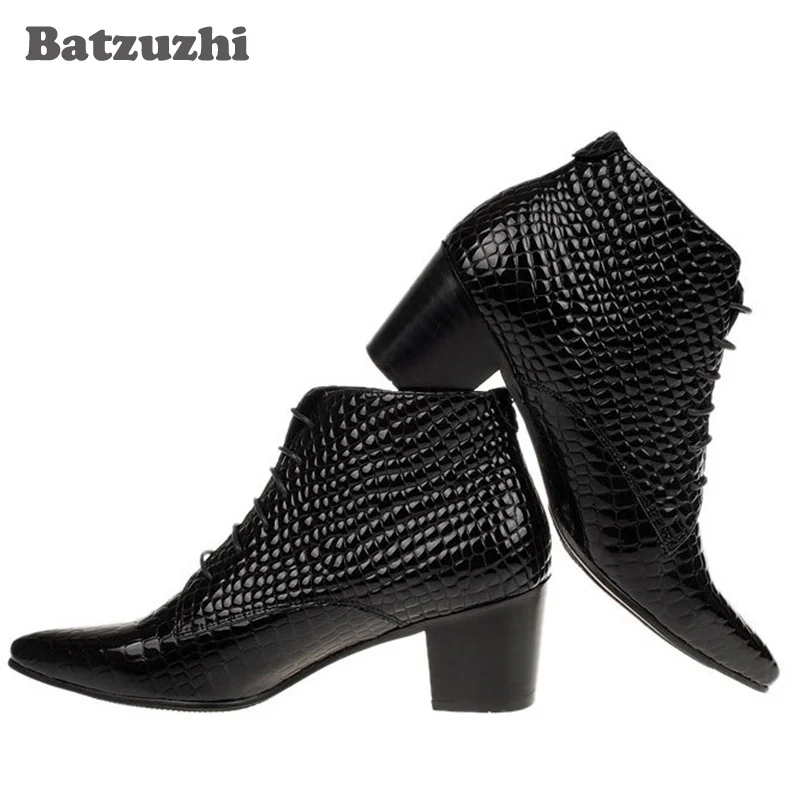 Batzuzhi-6.5CM Heels British style Men Fashion boots Genuine Leather Pointed Toe Ankle boots Male elevator shoes, big size 46