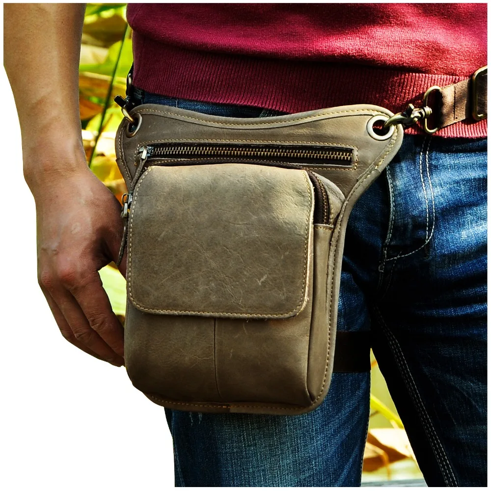 Hot Sale Top Quality Crazy Horse Real Leather men vintage Brown Small Belt Messenger Bag Waist Pack Drop Leg Bag 211-1