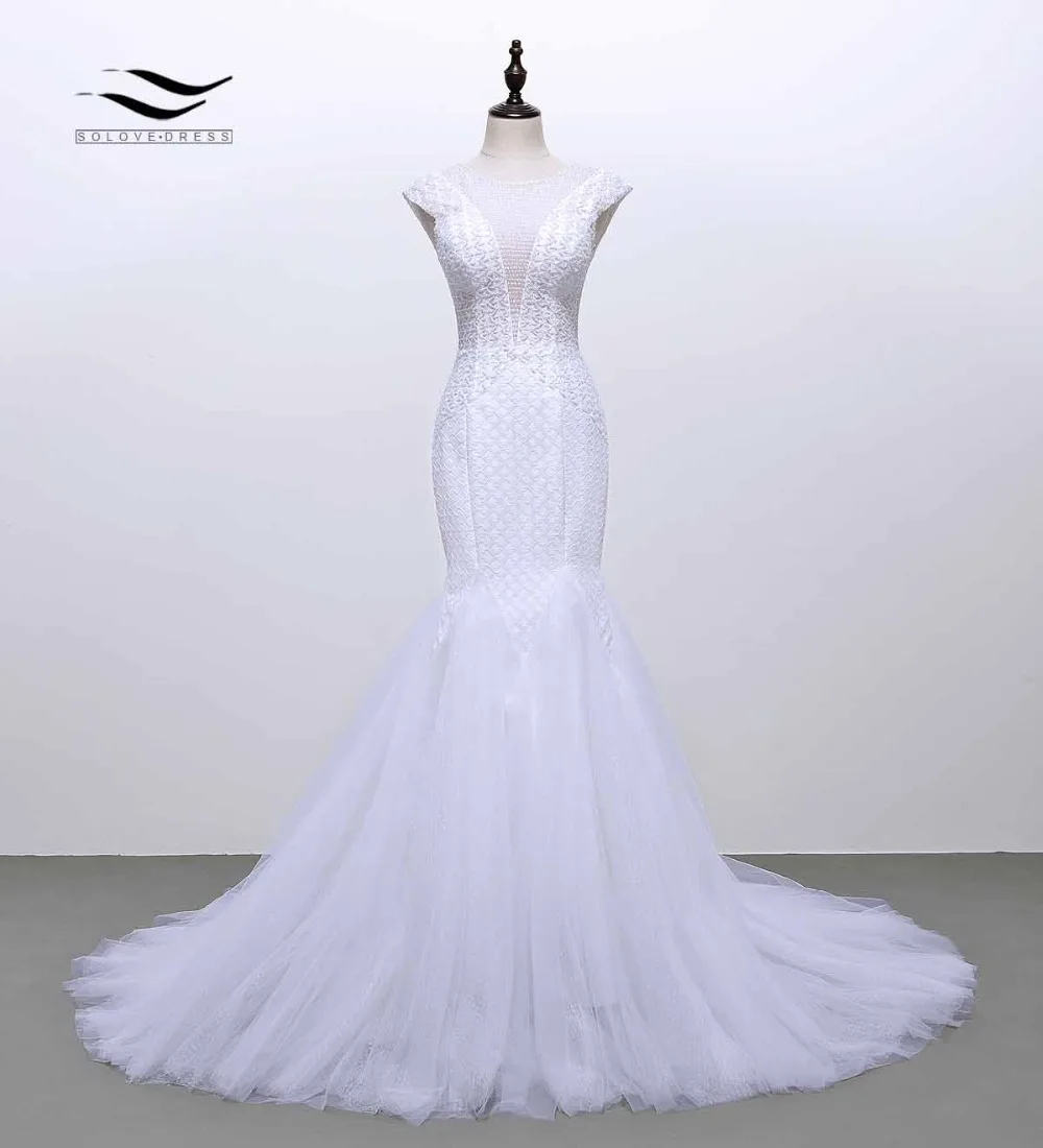 

2019 Cap Sleeves O-Neck Beads Lace Mermaid Wedding Dress Trumpet Shiny Dots Tulle Bridal Wedding Gown Backless Luxury SLW102