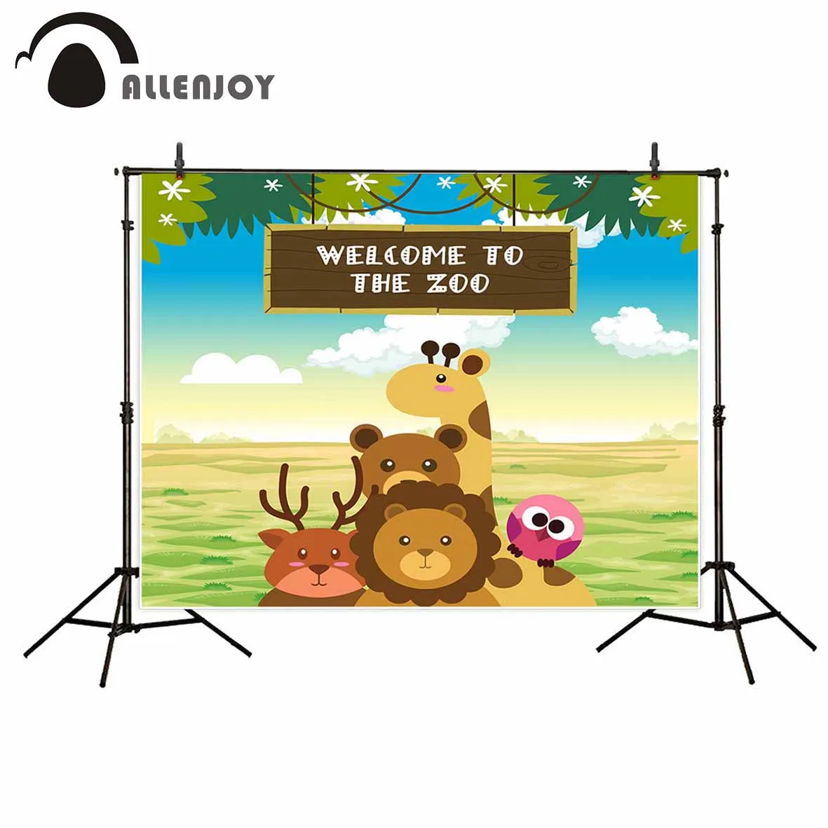 Allenjoy Zoo with cute wild animals on savannah children party backdrop clouds decoration decorations photocall a photo