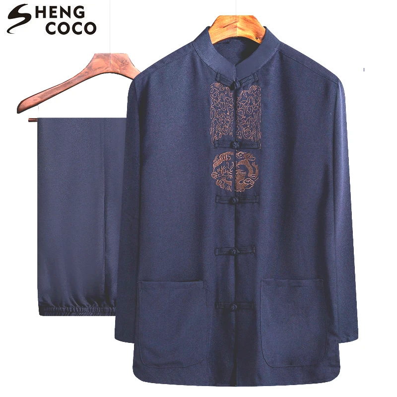 

Male Wushu Clothing Tang Suits Top Pants Men Costume Long Sleeve Gongfu Sanda Dragon Embroidery Dark Blue Beige 190 3XL