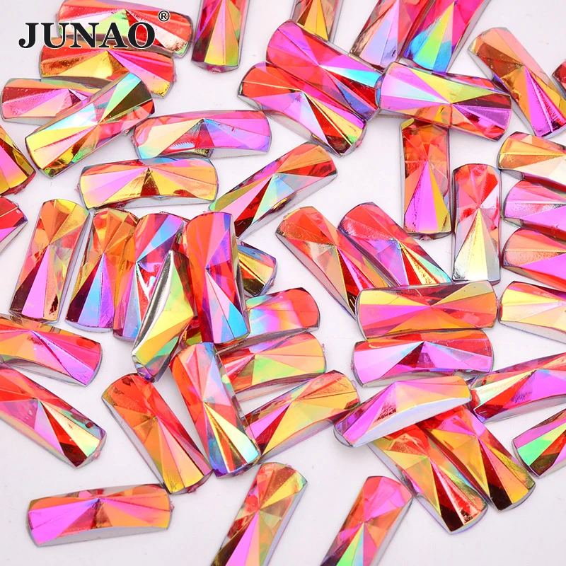 JUNAO 6x16mm Aqua Blue AB Crystal Flat Back Rhinestones Applique Acrylic Gems Glue On Rectangle Stones Scrapbook Strass for DIY