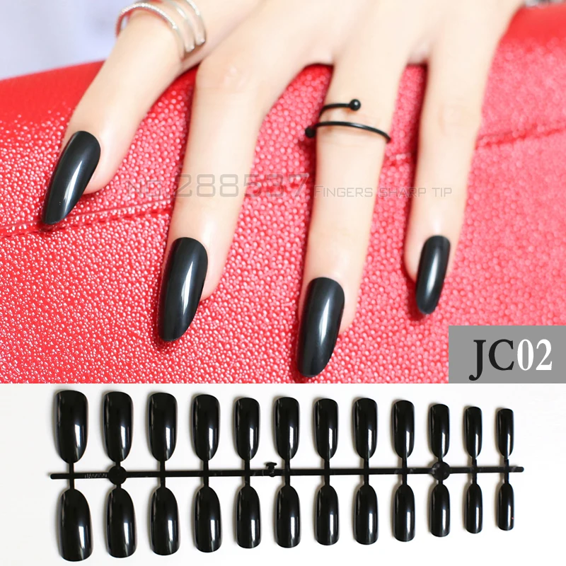 New Black fashion Almond long oval head personality Designs Round False nails 24pcs Full Nail Tips decorating Fake nails JC02